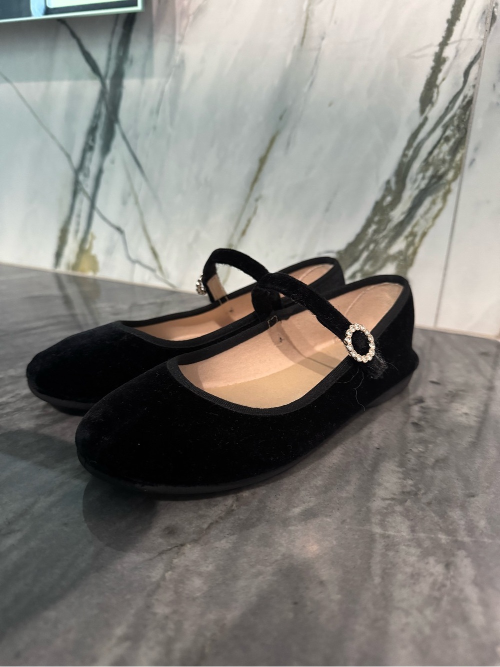 Girls Black Velvet Mary Jane Shoes with Rhinestone Buckle